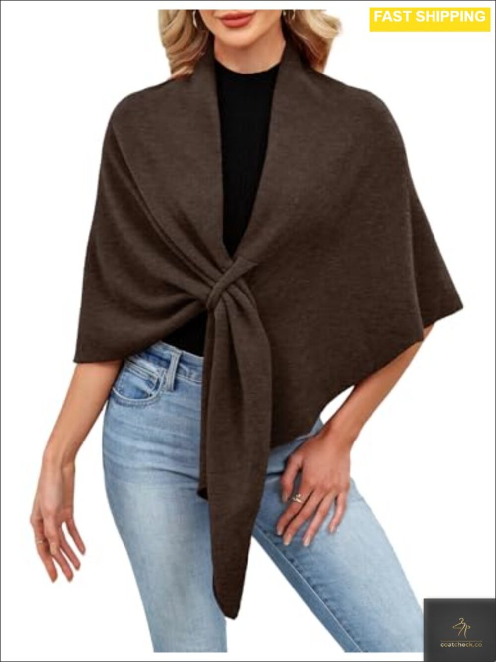 Womens Knitted Open Front Poncho Shawl Wrap Soft Polyester One Size